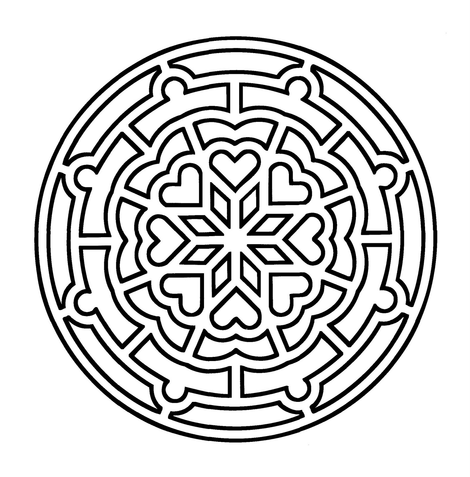 Mandala template drawn with thick lines, with geometric forms and hearts